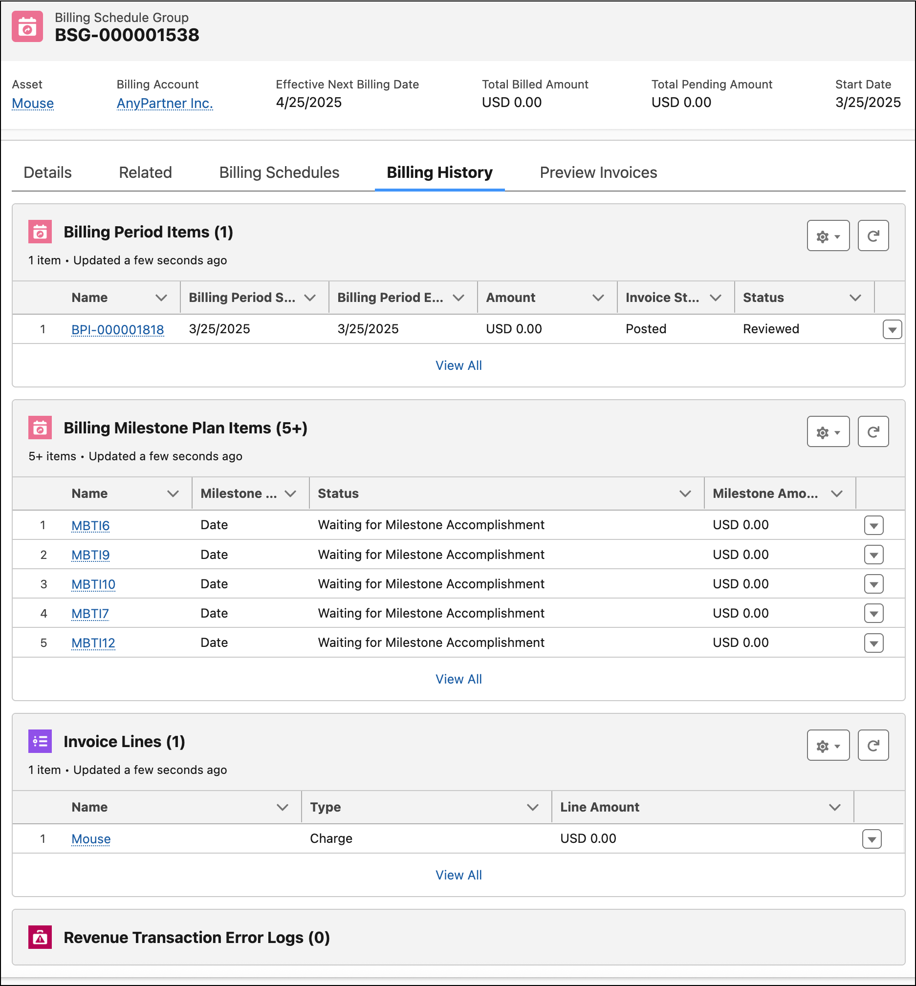 Billing History tab on the Billing Schedule Group record page