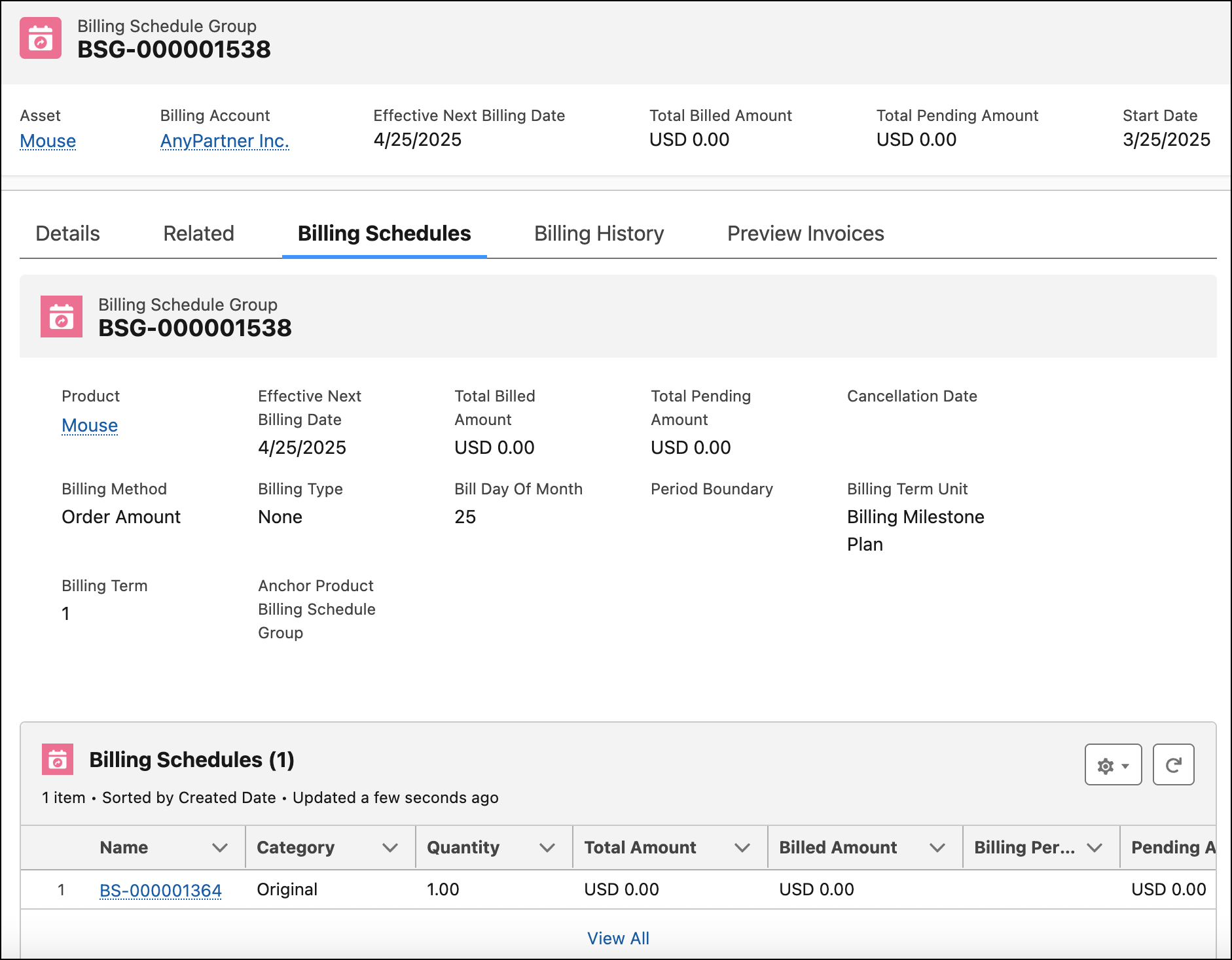 Billing Schedules tab on the Billing Schedule Group record page