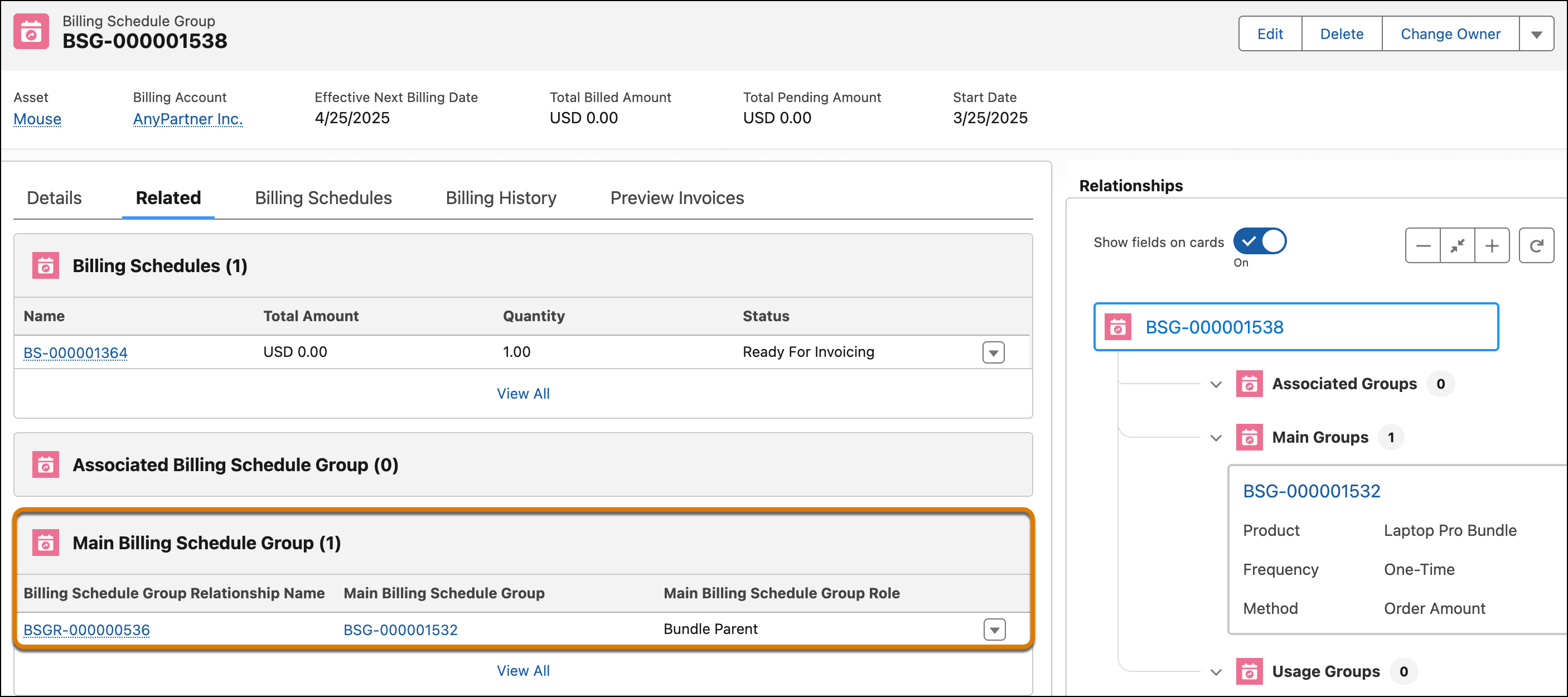 Main Billing Schedule Group related list on the Billing Schedule Group record page