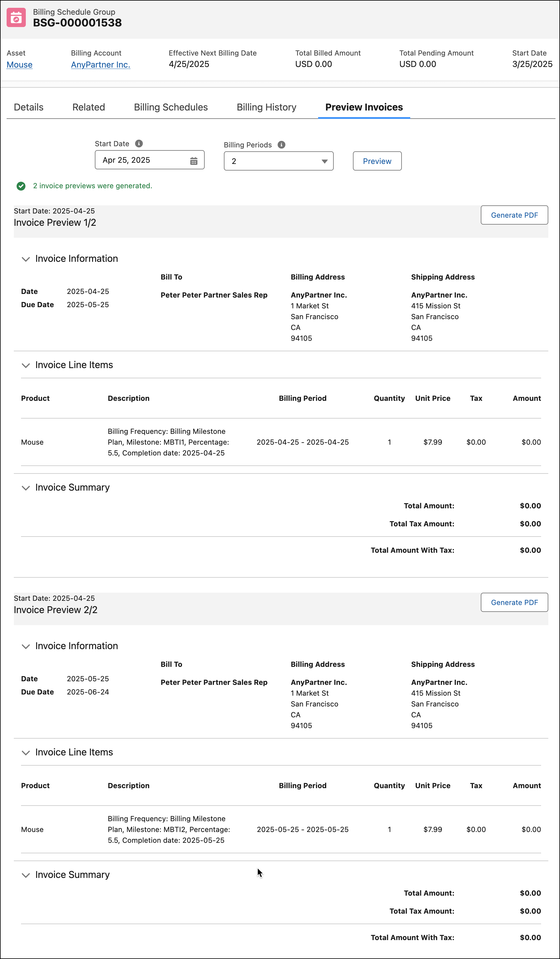 Preview Invoices tab on the Billing Schedule Group record page