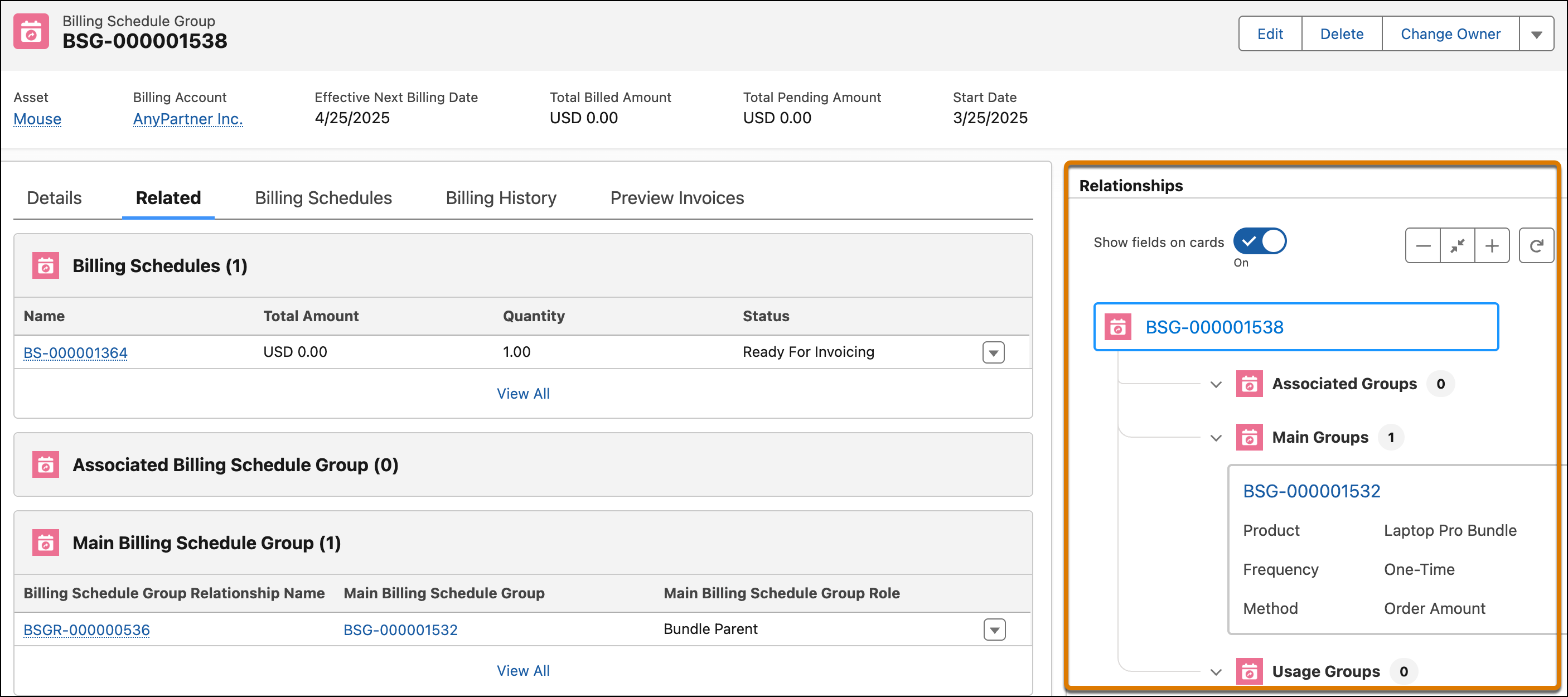 The Relationships Actionable Relationship Center (ARC) graph on the Billing Schedule Group record page