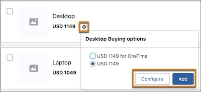 The Configure and Add buttons on the Buying options dialog box.
