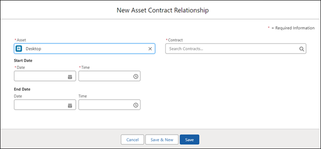 New Asset Contract Relationship window