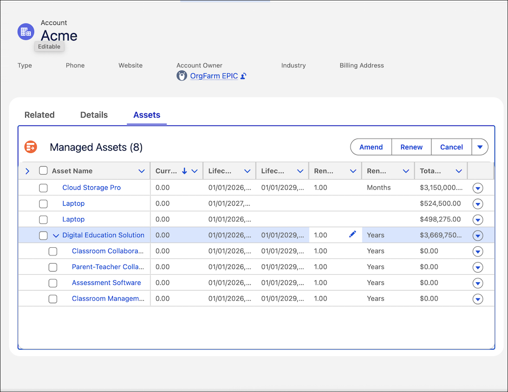 The Account page, showing managed assets