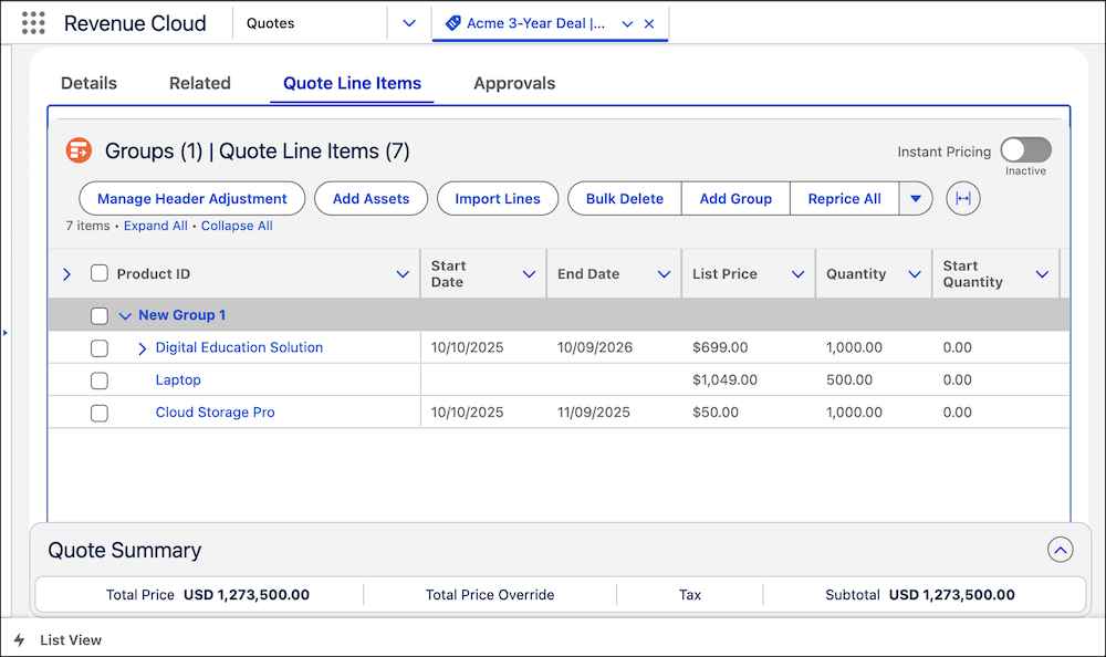 The Quote page, containing a group that has the three products in it