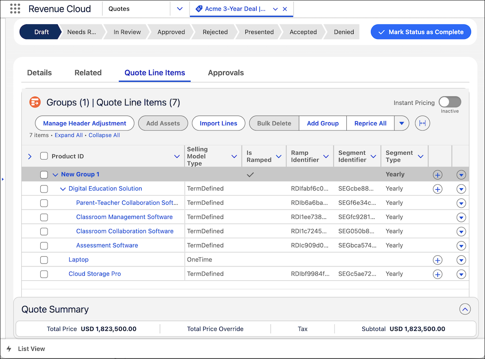 The Quote page, showing ramp and segment identifiers
