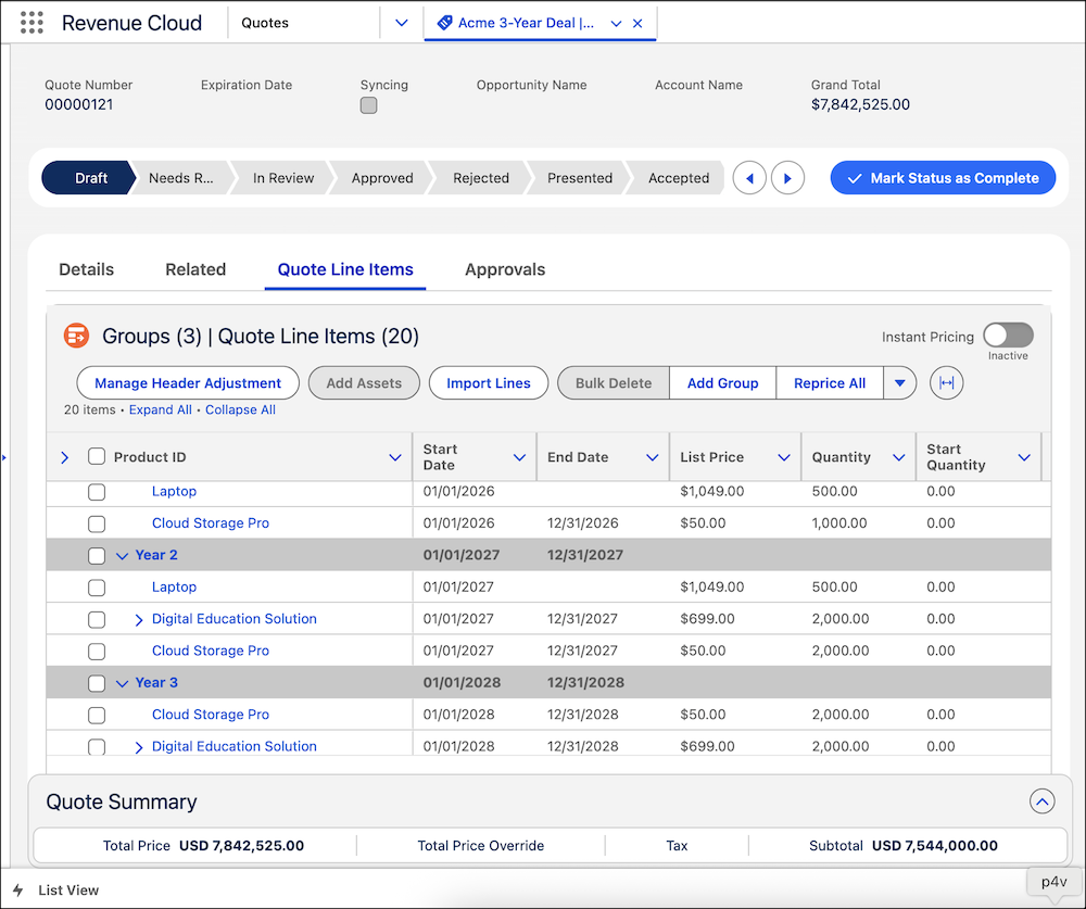 The Quote page, showing the new segments