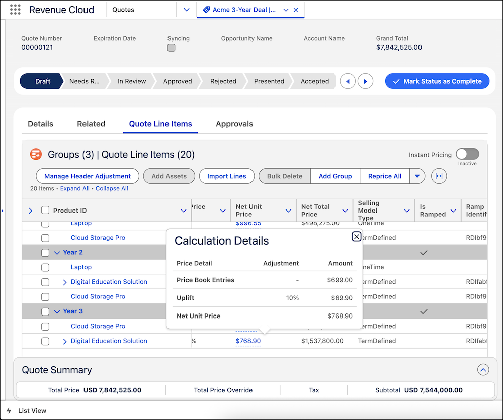 The Quote page, showing the price waterfall for the Digital Education Solution line