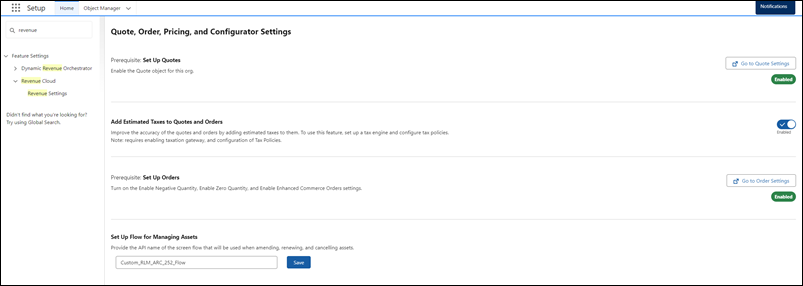 Revenue Settings page showing Set Up Flow for Managing Assets configuration