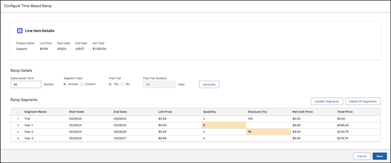 A reference screenshot of four ramp segments created for a 36-month subscription term, an annual segment type, and a 30-day free trial.