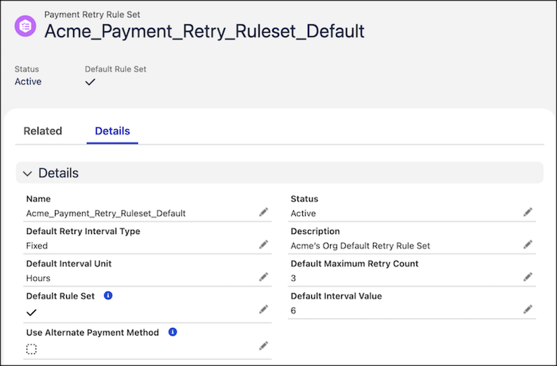 Acme Corp’s org default payment retry rule set