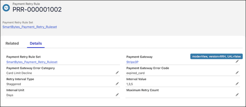 SmartBytes’ payment retry rule for card limit decline with default values for interval type, interval unit, and interval value inherited from the payment retry rule set.