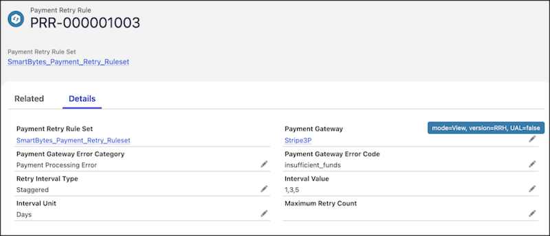 SmartBytes’ payment retry rule for payment processing error with default values for interval type, interval unit, and interval value inherited from the payment retry rule set.