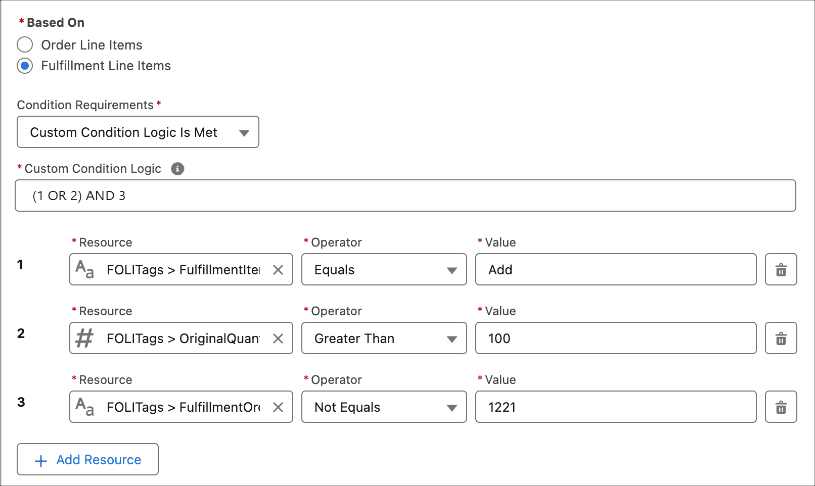 The Conditions pane with conditions filled in as described in the text