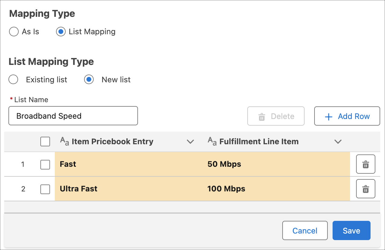 A list mapping, with Fast and Ultra Fast on the source side, and 50 Mbps and 100 Mbps on the target side