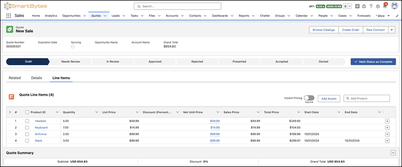 The transaction line editor in a quote