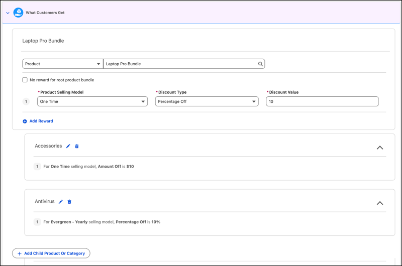 The What Customers Get section, showing promotion setup for a bundled product