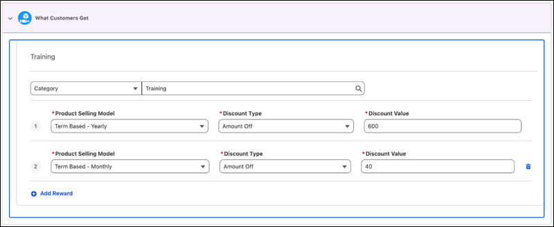 The What Customers Get section, showing promotion setup for a category