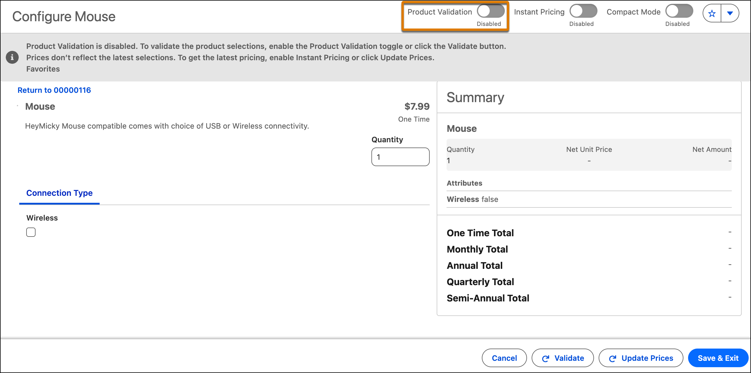 The Product Configurator window, showing the Product Validation toggle