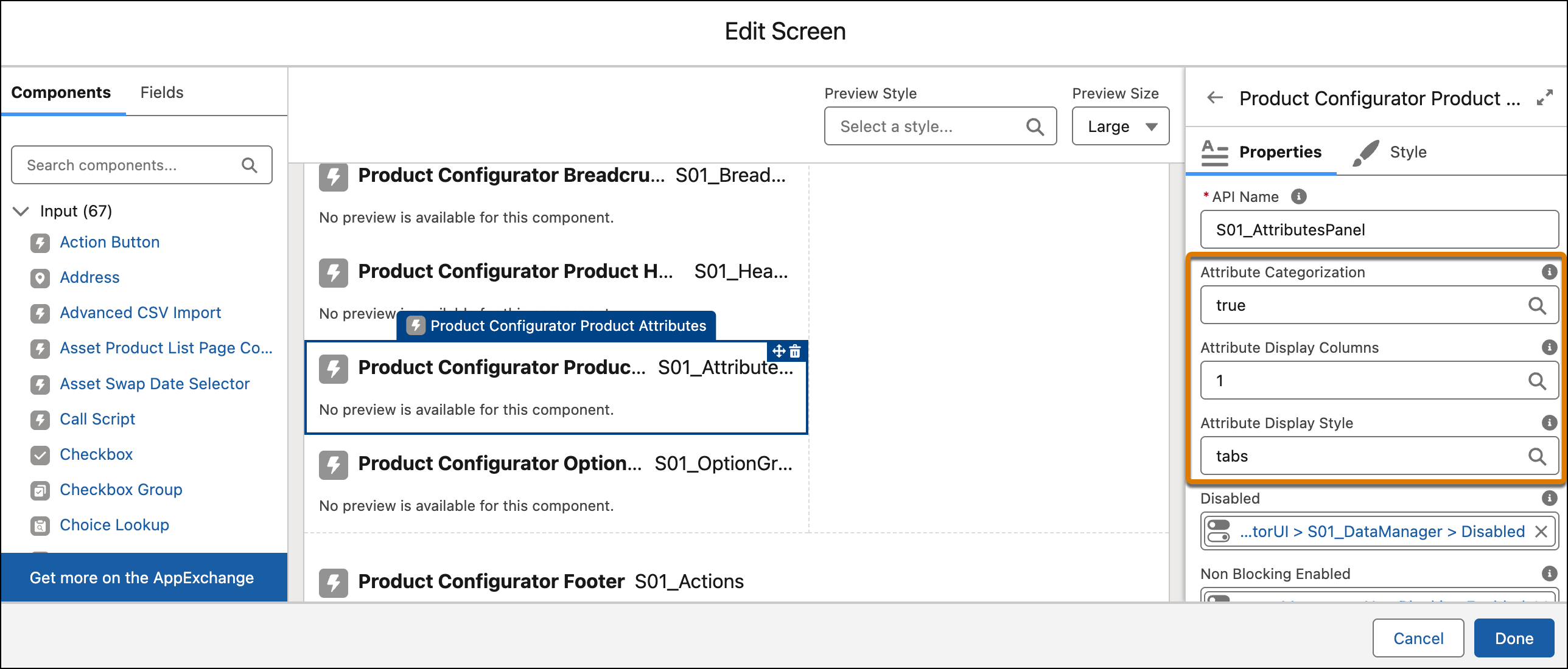 Product Configurator Product Attributes screen component of the Default Product Configurator Flow