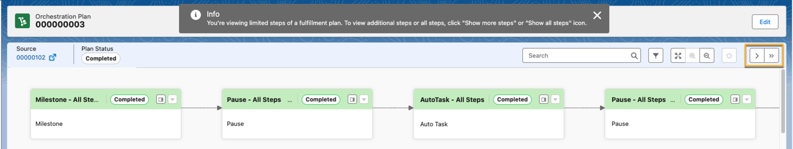 A fulfillment plan with several steps in various states