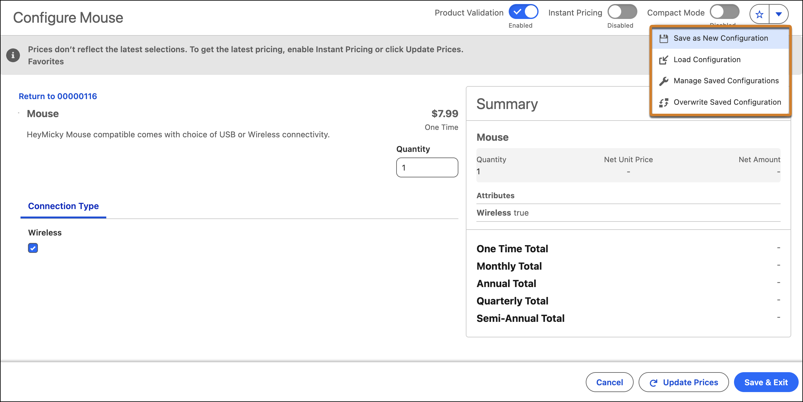 Reusable configurations dropdown menu on the Product Configurator window