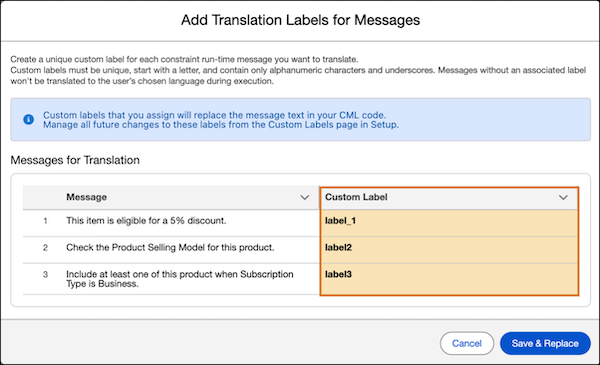 Ventana Agregar etiquetas de traducción para mensajes que muestra la asignación de etiquetas personalizadas para mensajes