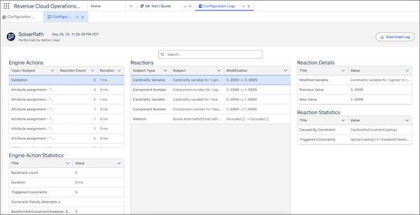 Ficha Registros de configuración mostrando acciones del motor, estadísticas de acciones del motor, reacciones, detalles de reacciones y estadísticas de reacciones
