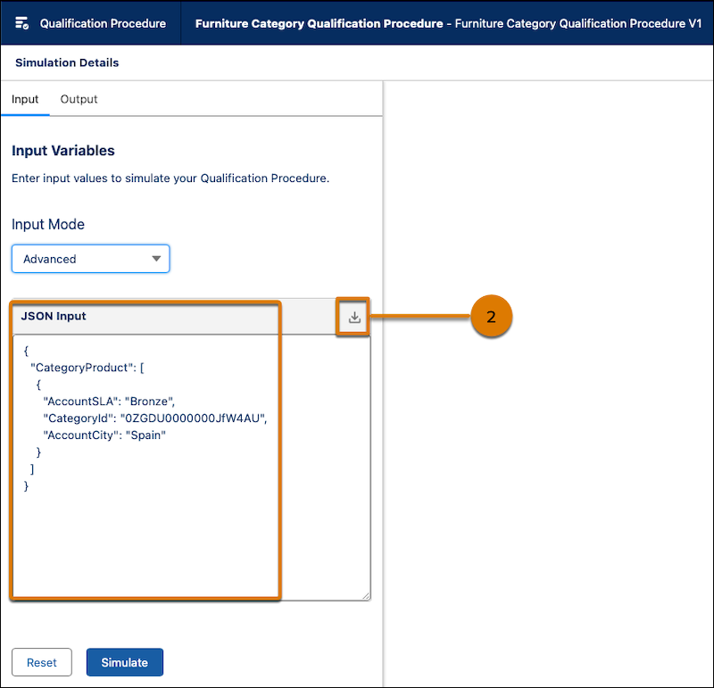 Modo de entrada avançado com uma opção para baixar o JSON de entrada