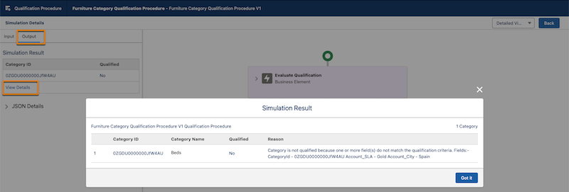 Resultados da simulação com um motivo se a categoria do produto ou o produto não estiver qualificado