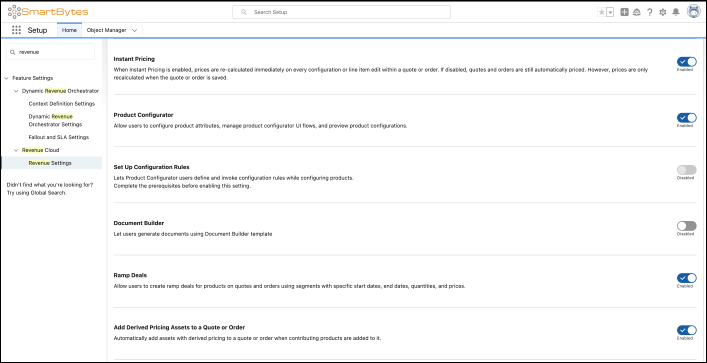 Captura de tela mostrando as preferências da organização Ativar Adicionar ativos de precificação derivada a uma cotação ou pedido e Ativar negócios pontuais para gerenciamento de transações.