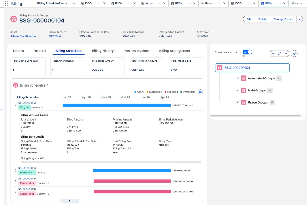Billing Schedule Details component with summary metrics and a color-coded timeline.