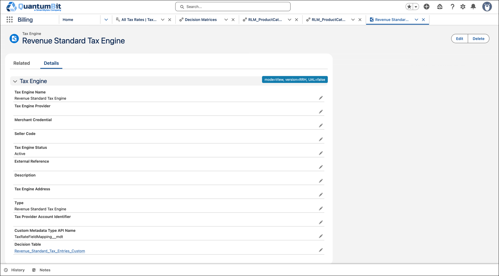 Revenue Standard Tax Engine with a custom metadata type and decision table
