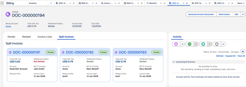Split Invoices tab with related split invoice cards.