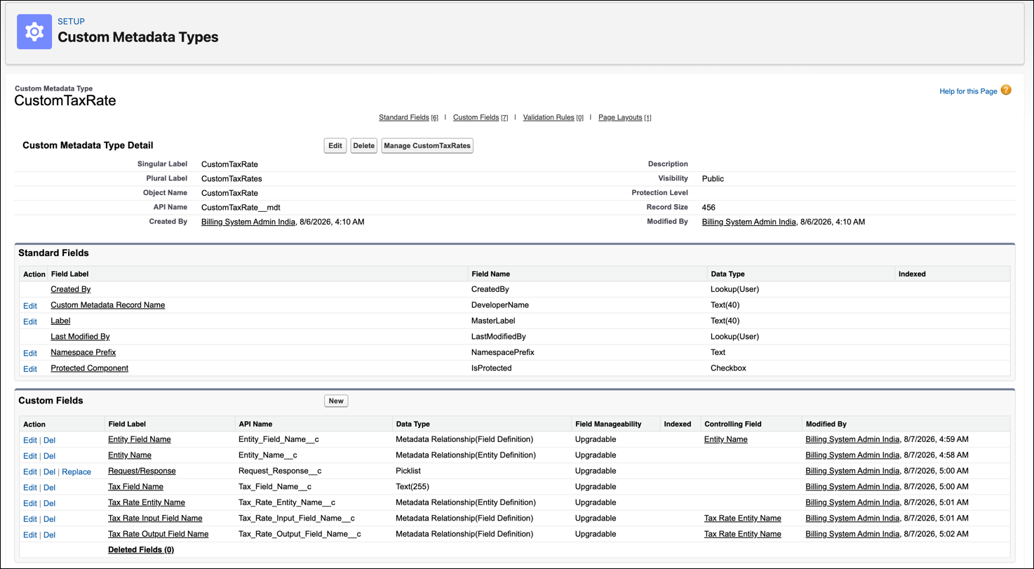 Custom metadata type with tax rate mapping fields