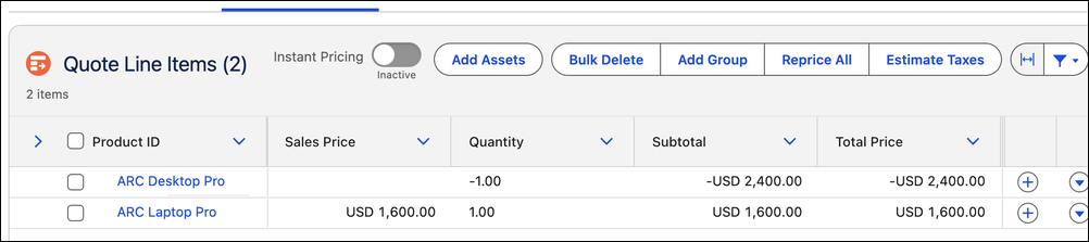 Quote Line Items list showing ARC Desktop Pro at quantity -1 (-USD 2,400.00) and ARC Laptop Pro at quantity 1 (USD 1,600.00).