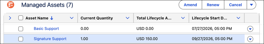 Managed Assets list showing Basic Support at Current Quantity 0 and Signature Support at Current Quantity 1, USD 150.00.