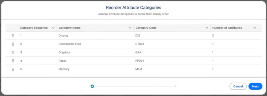 La ventana Reordenar categorías de atributos enumerando categorías con su secuencia, nombre, código y controladores de arrastre