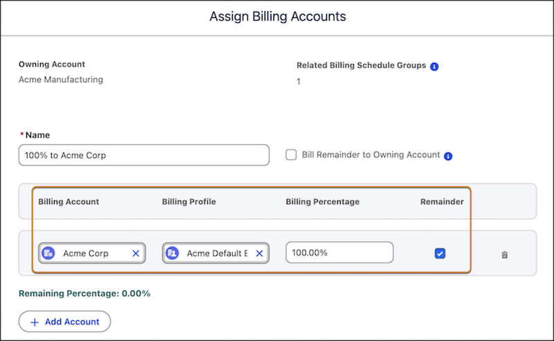 Assegnazione di Acme Corp come account di fatturazione