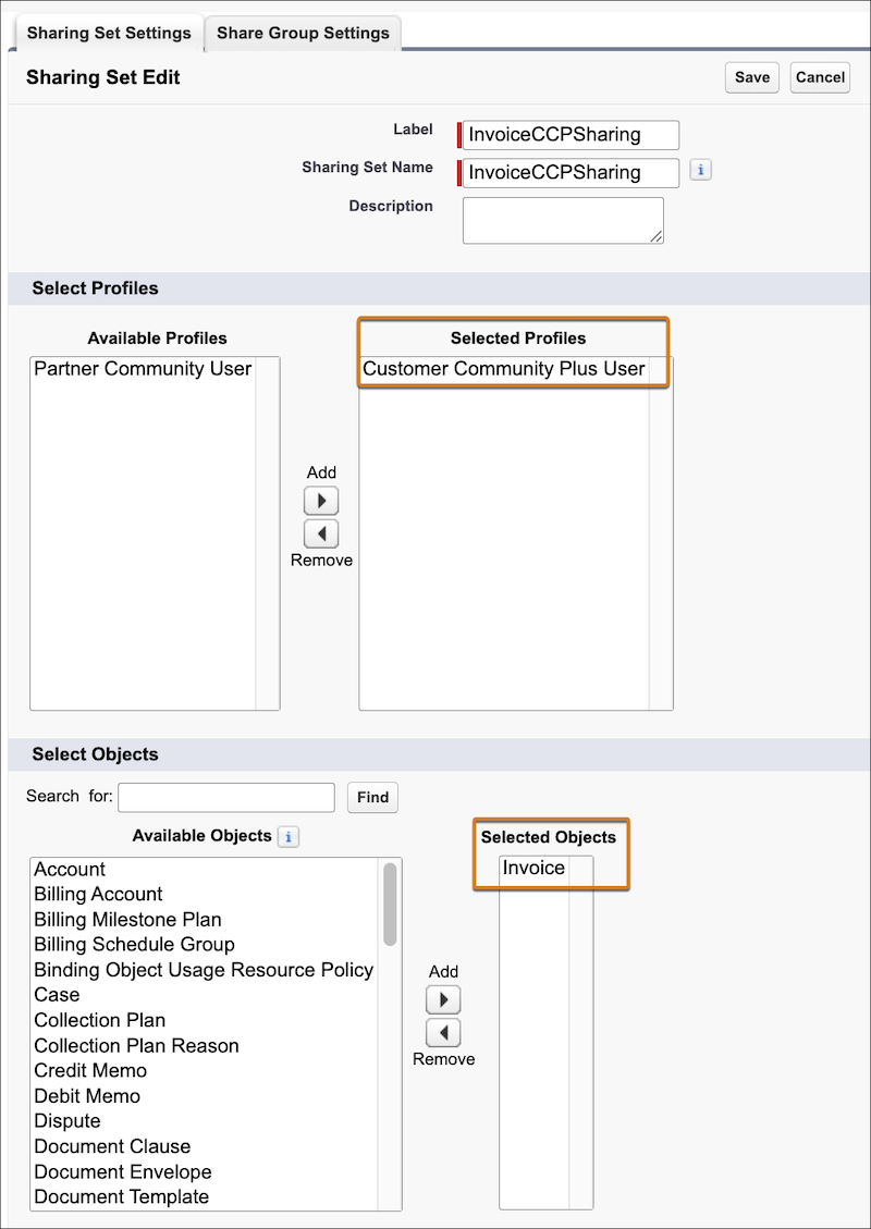 Maak een nieuwe set voor delen en voeg het Customer Community Plus-gebruikersprofiel en het object Factuur toe.