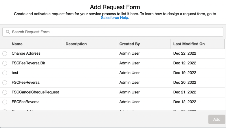 The Add Request Form window