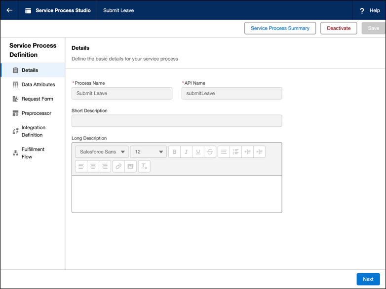 Service process definition details
