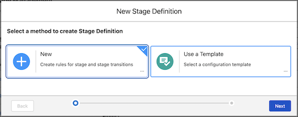 New Stage Definition showing New and Use a Template options.
