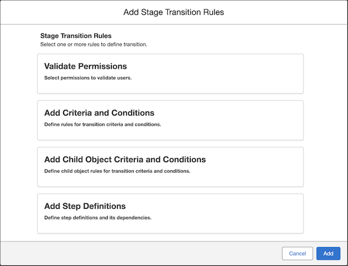 Stage Transition Rules in Stage Management builder.