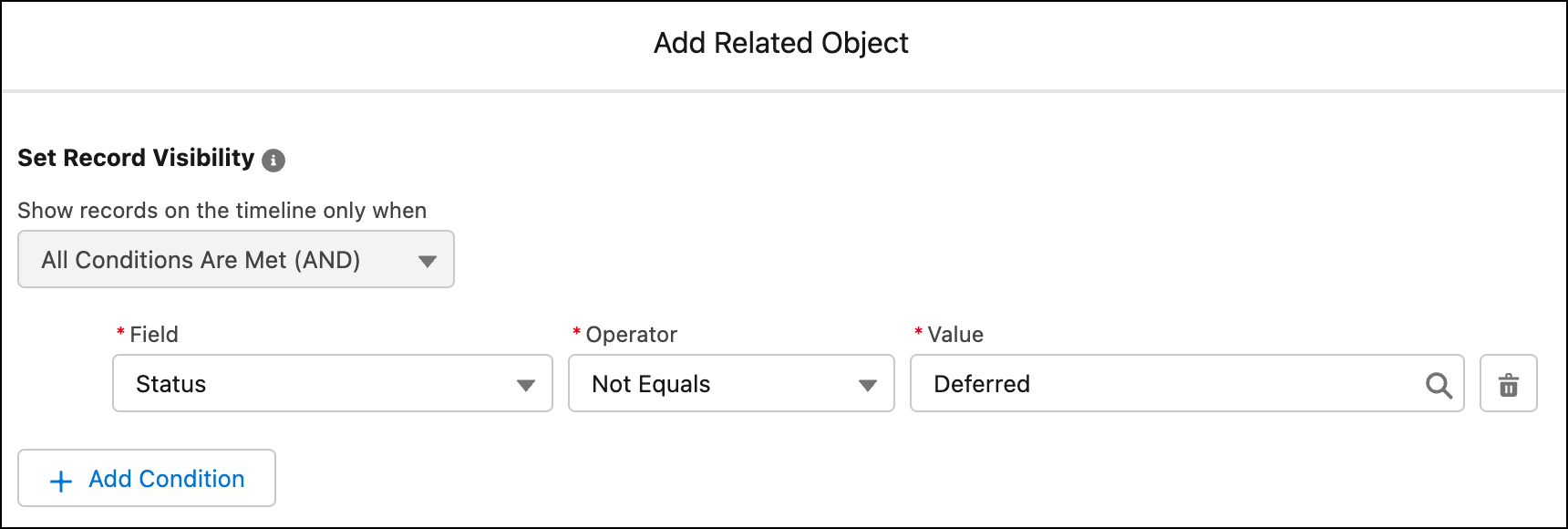 Add Related Object window with conditions