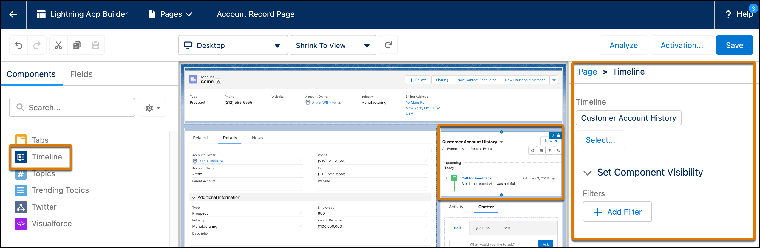 Lightning App Builder window with Timeline component