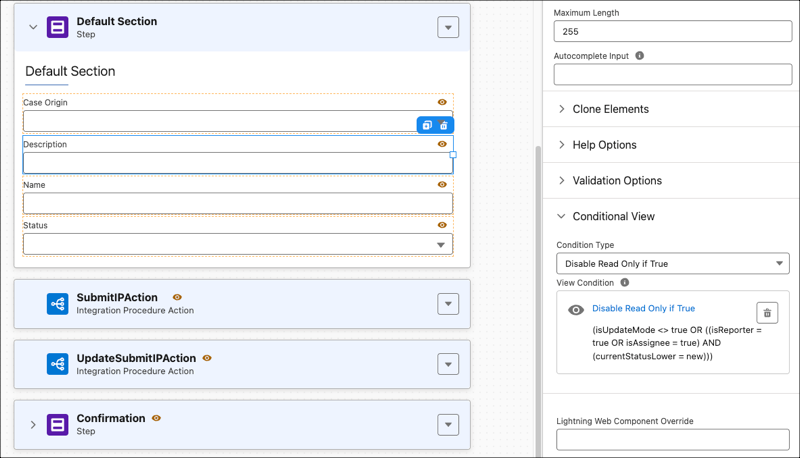 Conditional View that controls whether a service request attribute is read-only
