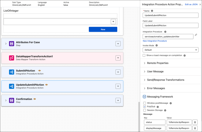 Messaging Framework with Pub/Sub values for the update status and display message