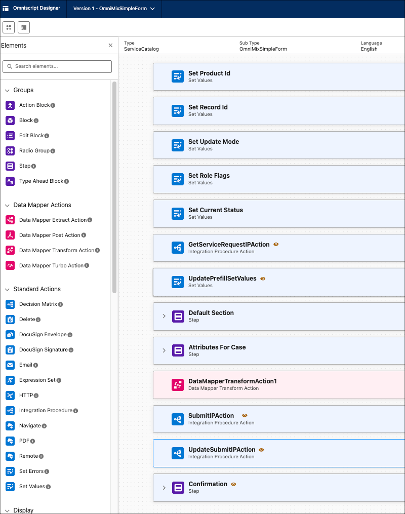 Omniscript Designer with the elements for the create and update paths