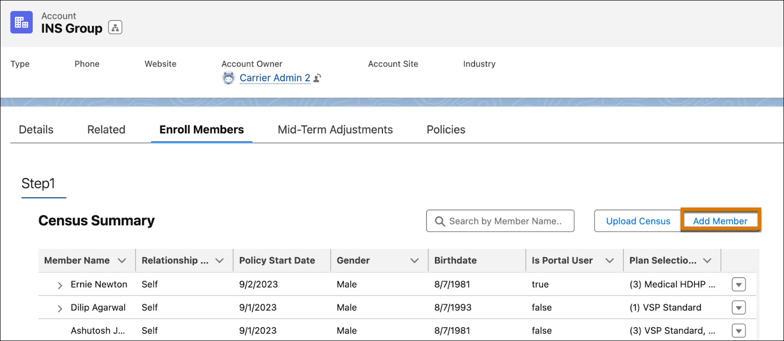 Account page with Add Member button highlighted
